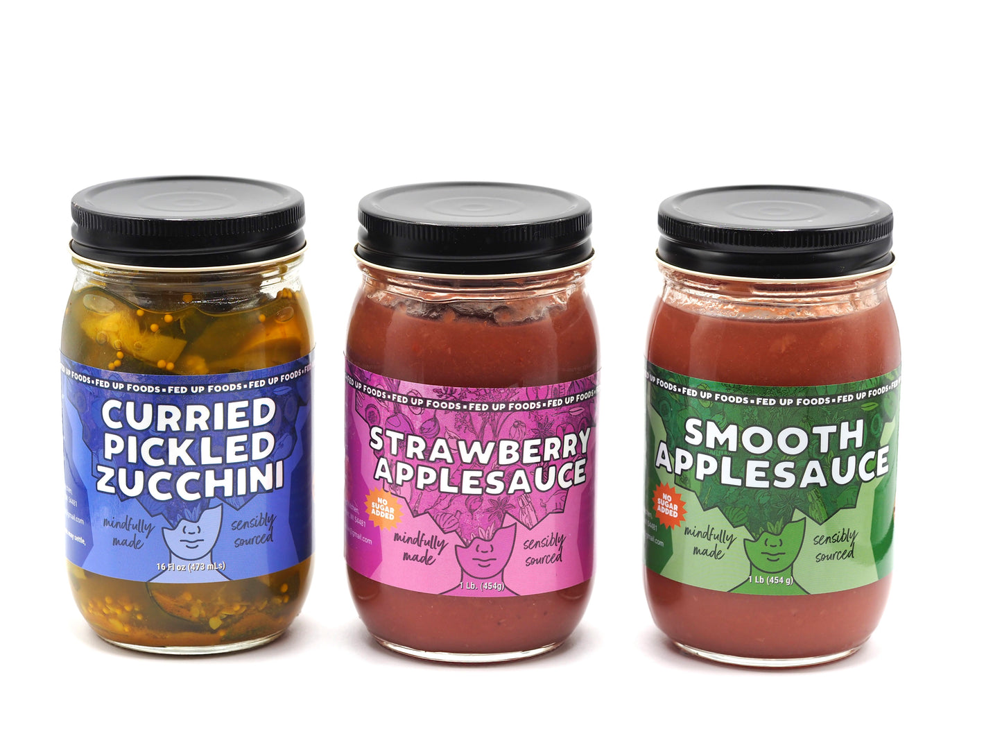 Fed Up Foods curried pickled zucchini strawberry applesauce smooth applesauce in a 3 pack variety pack