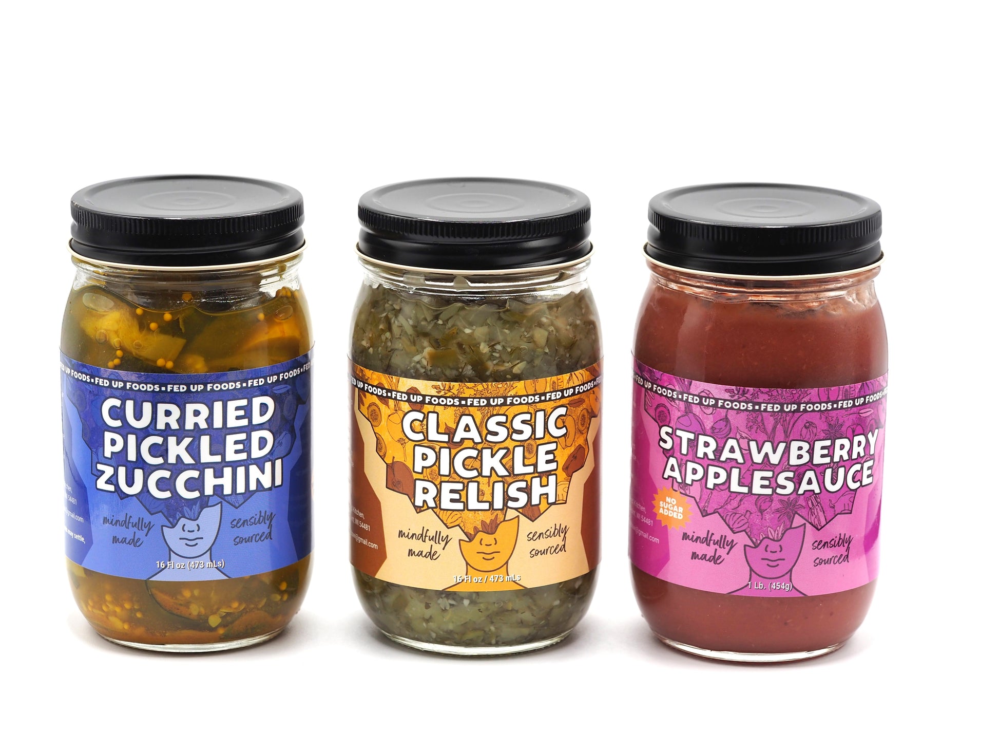 Fed Up Foods curried pickled zucchini classic dill relish and strawberry applesauce in a 3 pack variety pack
