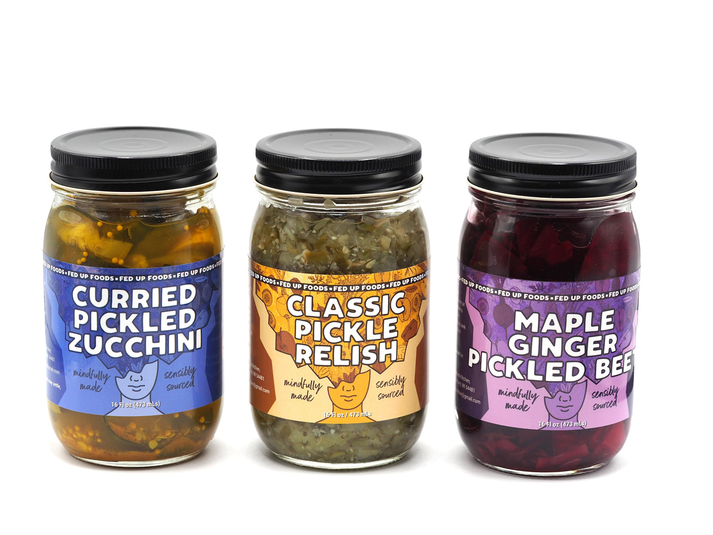 Fed Up Foods curried pickled zucchini classic dill relish and maple ginger pickled beet in a 3 pack variety pack