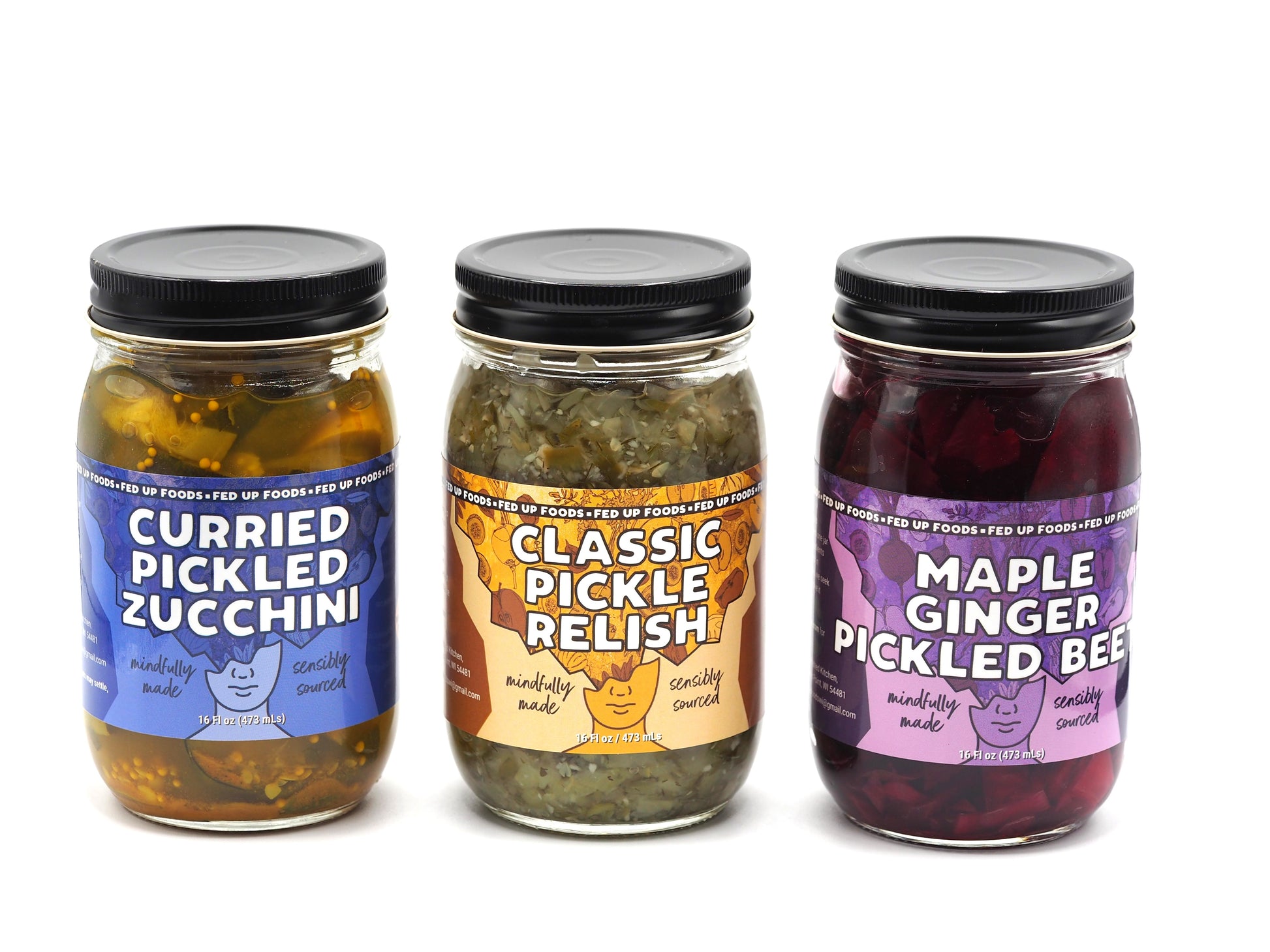 Fed Up Foods curried pickled zucchini classic dill relish and maple ginger pickled beet in a 3 pack variety pack