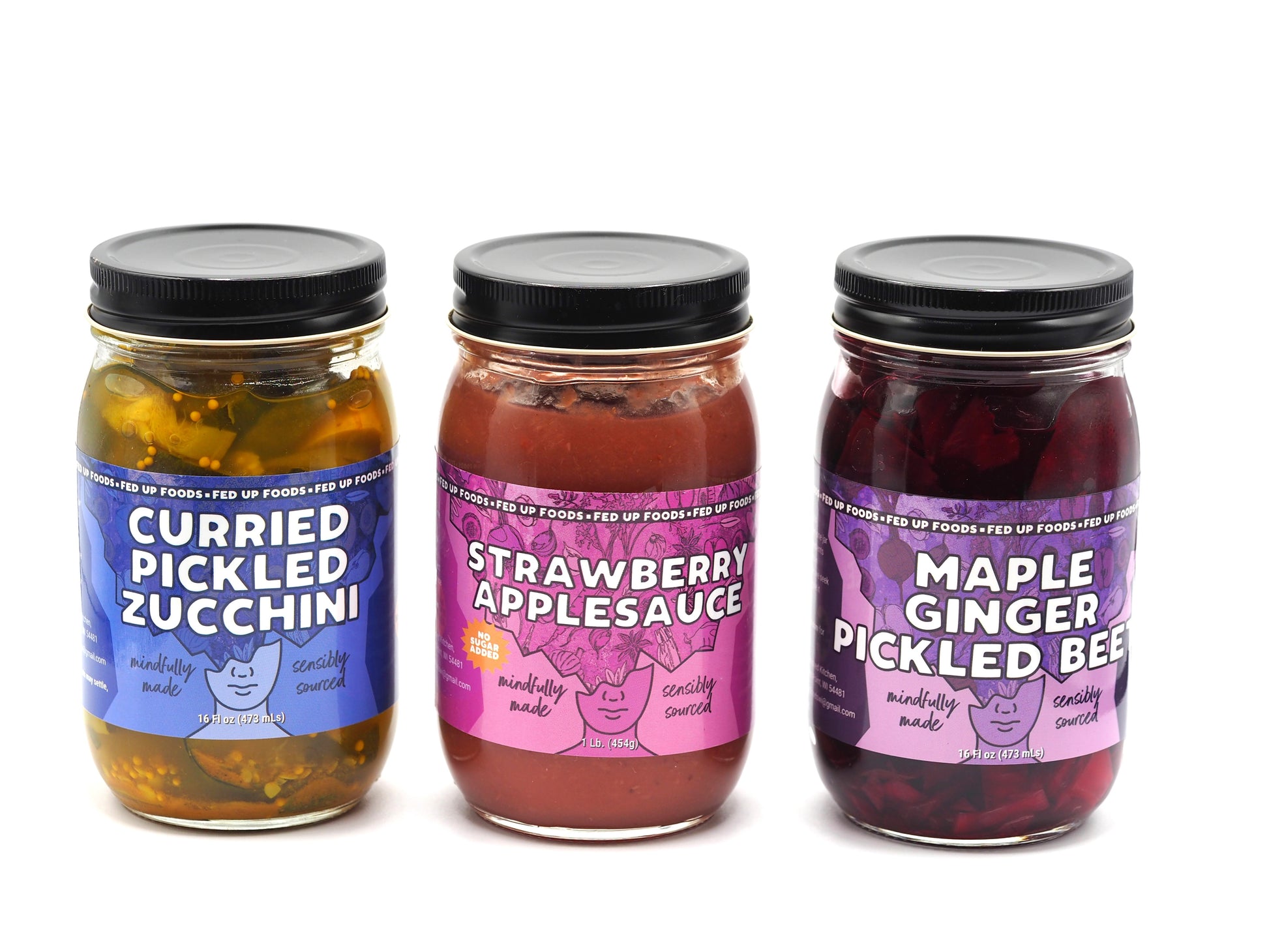 Fed Up Foods strawbery applesauce curried pickled zucchini and maple ginger pickled beet in a 3 pack variety pack