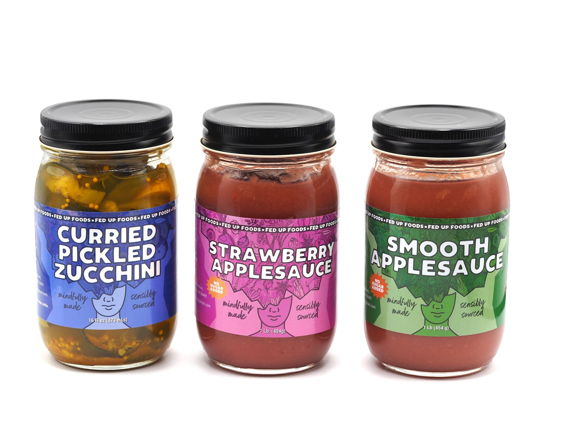Fed Up Foods curried pickled zucchini strawberry applesauce smooth applesauce in a 3 pack variety pack