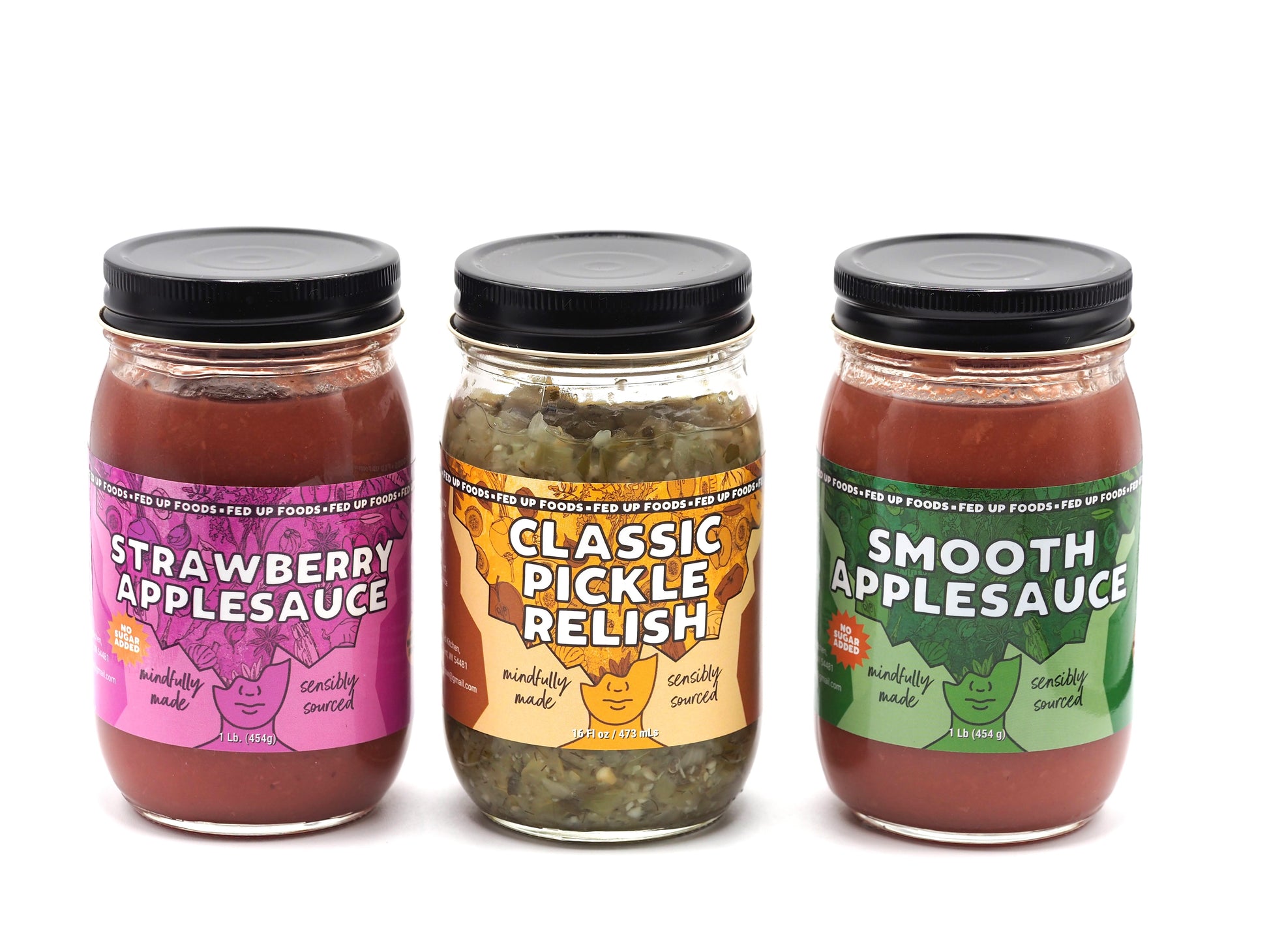 Fed UP Foods strawberry applesauce classic dill relish smooth applesauce in a 3 pack variety pack