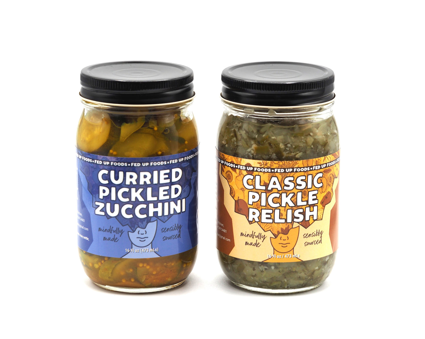 Fed Up Foods curried Pickled Zucchini and classic dill relish in a 2 pack variety pack
