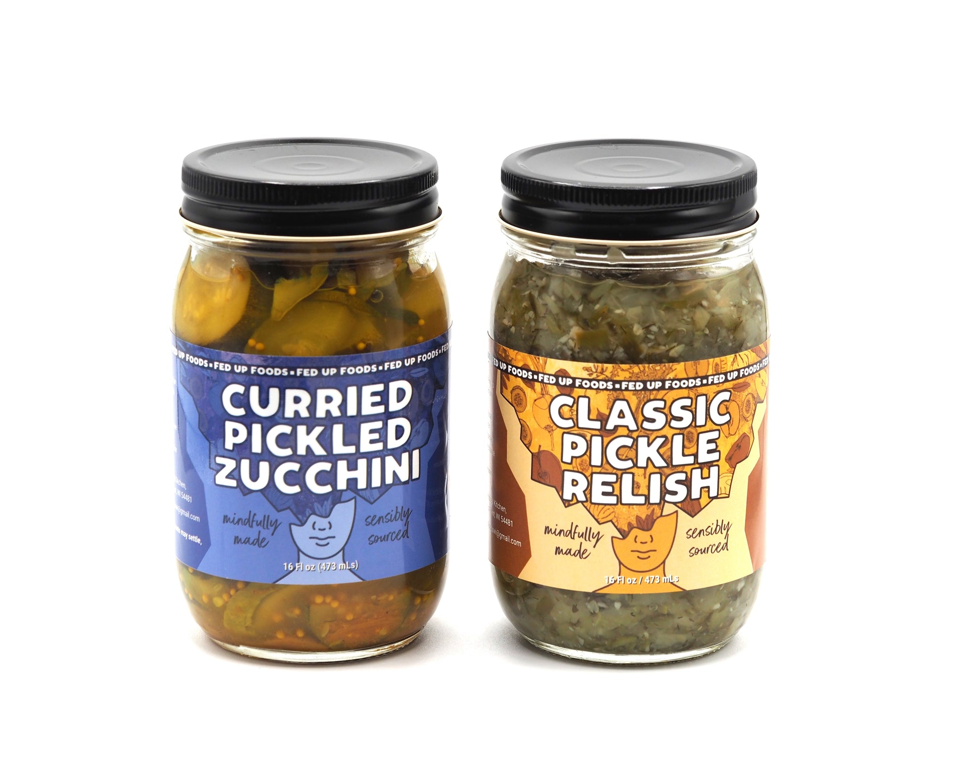 Fed Up Foods curried Pickled Zucchini and classic dill relish in a 2 pack variety pack

