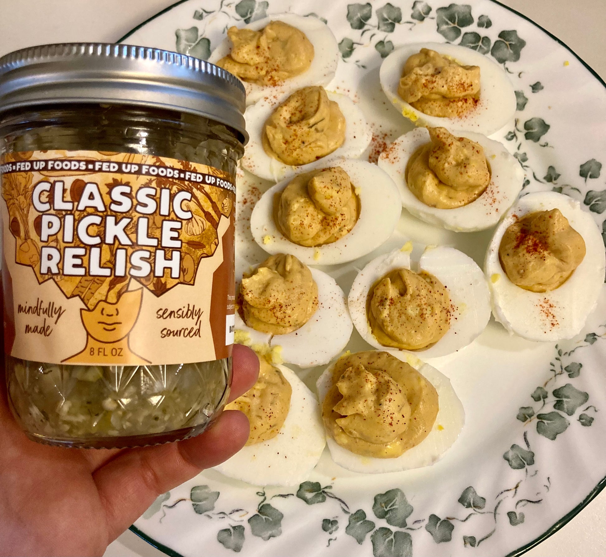 Fed Up Foods Classic Pickle relish shown with deviled eggs. Use classic relish in all kinds of recipes that call for pickle relish dill