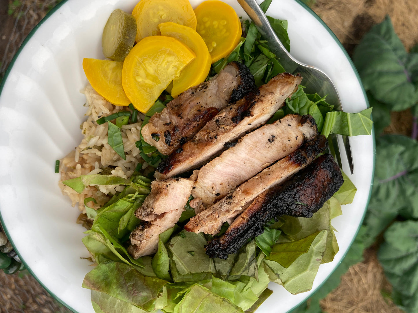 Fed Up Foods Curried Pickled Zucchini featured in an asian rice bowl alongside mushroom flavored rice, grilled lemongrass porkchops and a bed of lettuce.