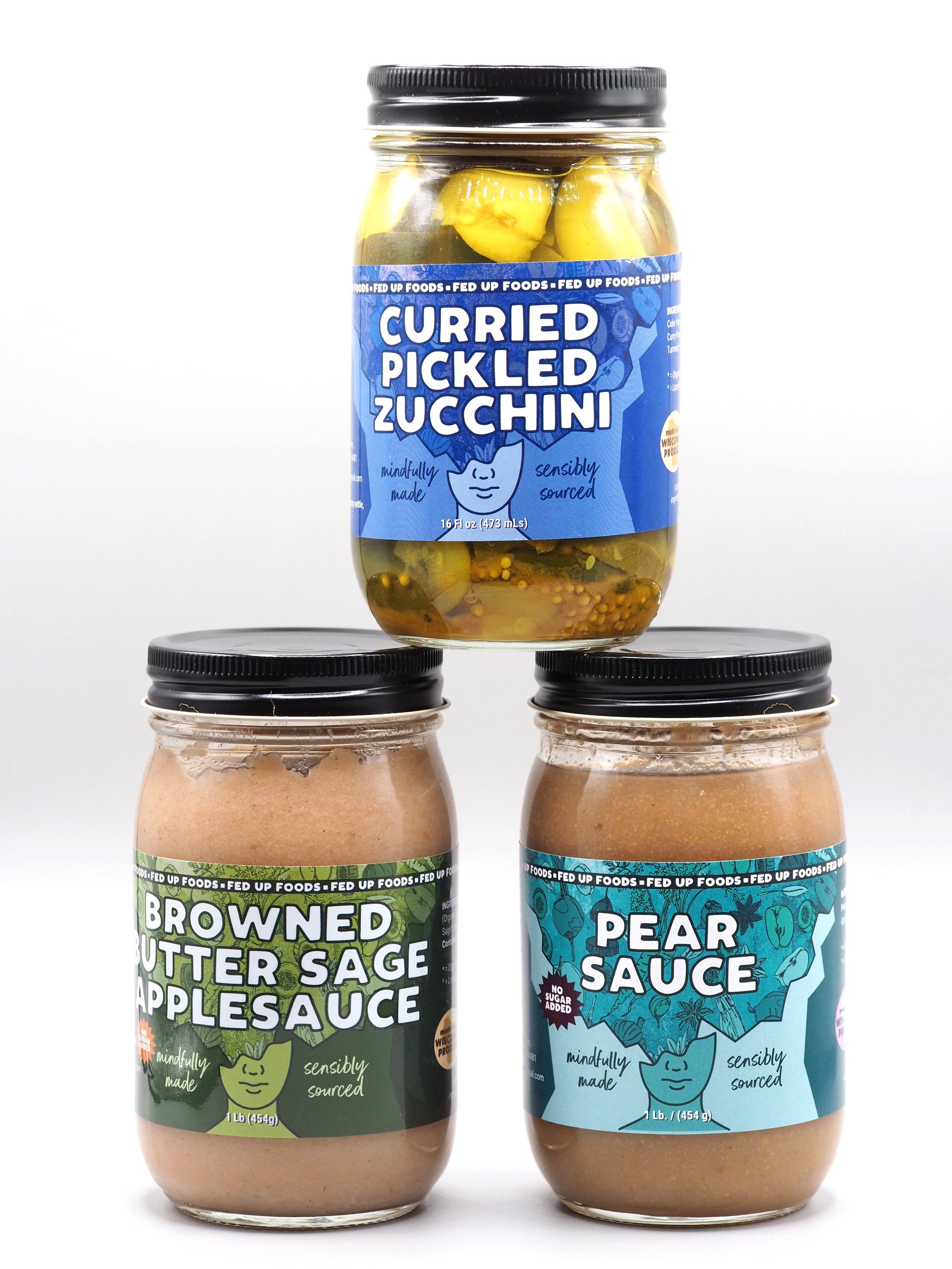 Fed Up Foods Curried Pickled Zucchini, Browned Butter Sage Applesauce, Pear Sauce in a build your own 3 pack variety pack