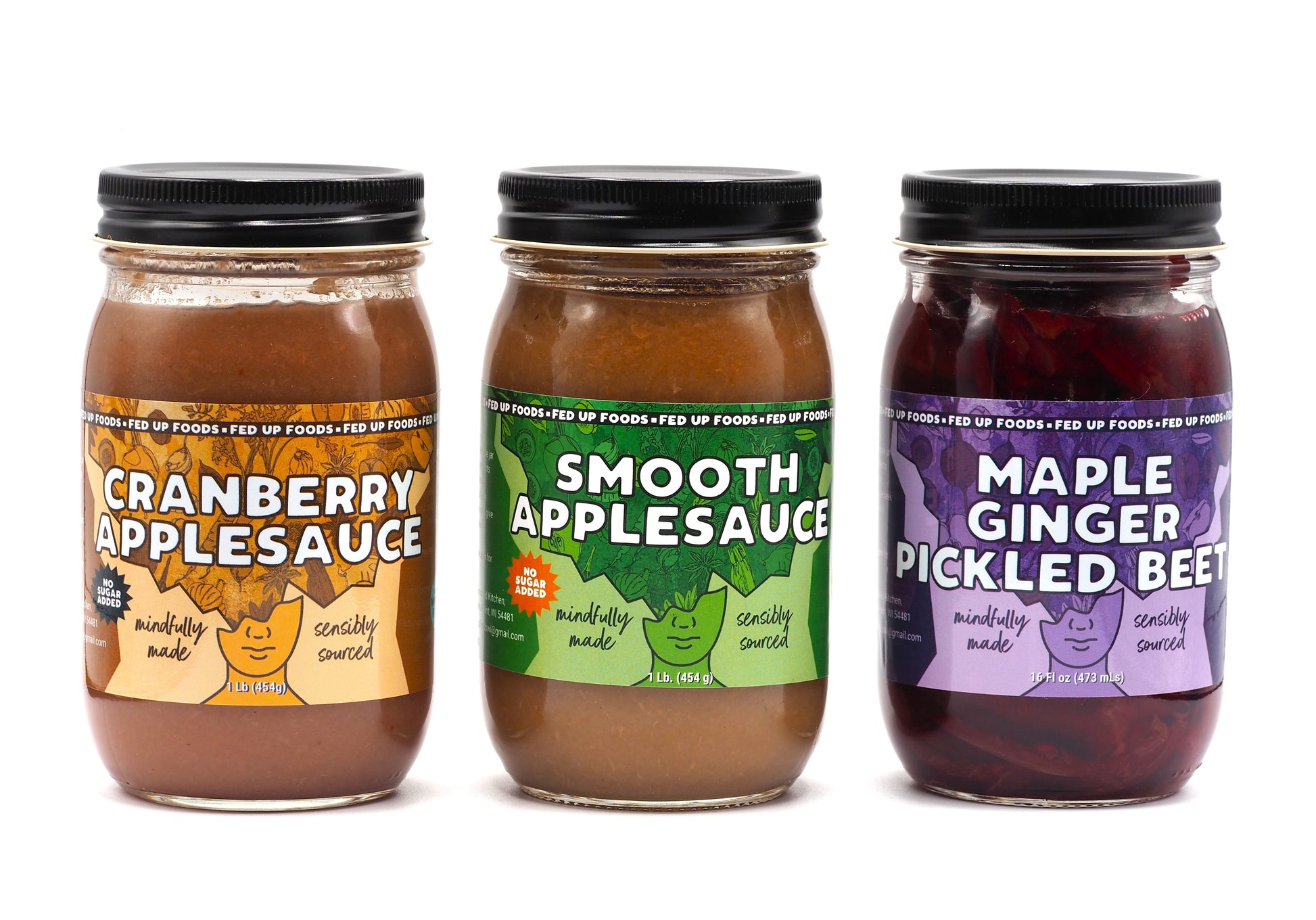 Fed Up Foods Cranberry Applesauce, Smooth Applesauce and Maple Ginger Pickled Beet in a 3 pack variety pack