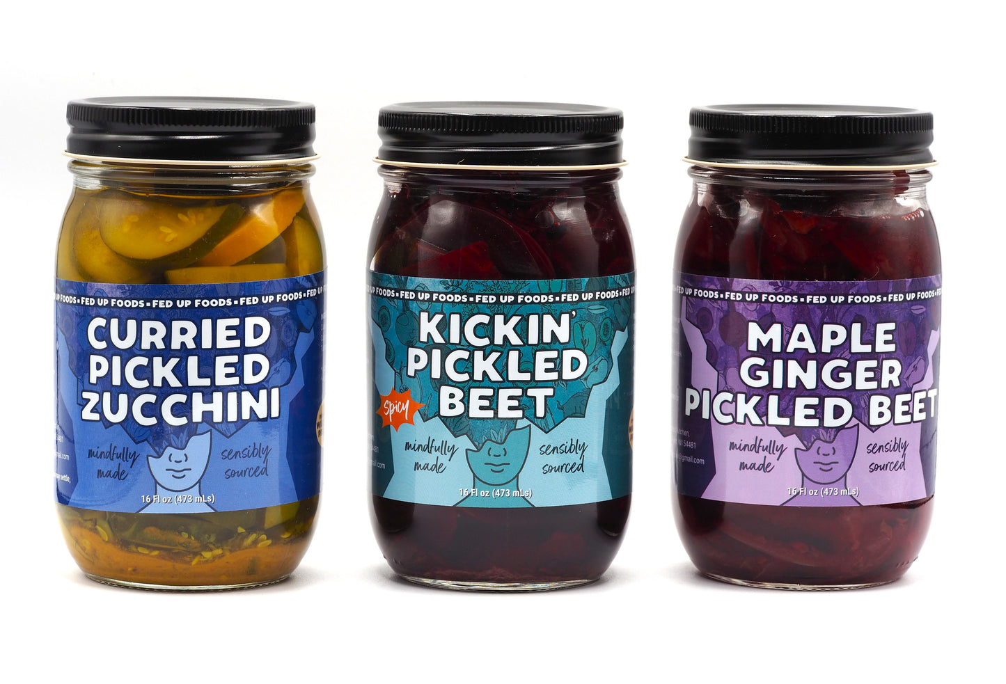 Fed Up Foods Kickin Pickled Beet Curried Pickled Zucchini and Maple Ginger Pickled Beet in a 3 pack variety pack