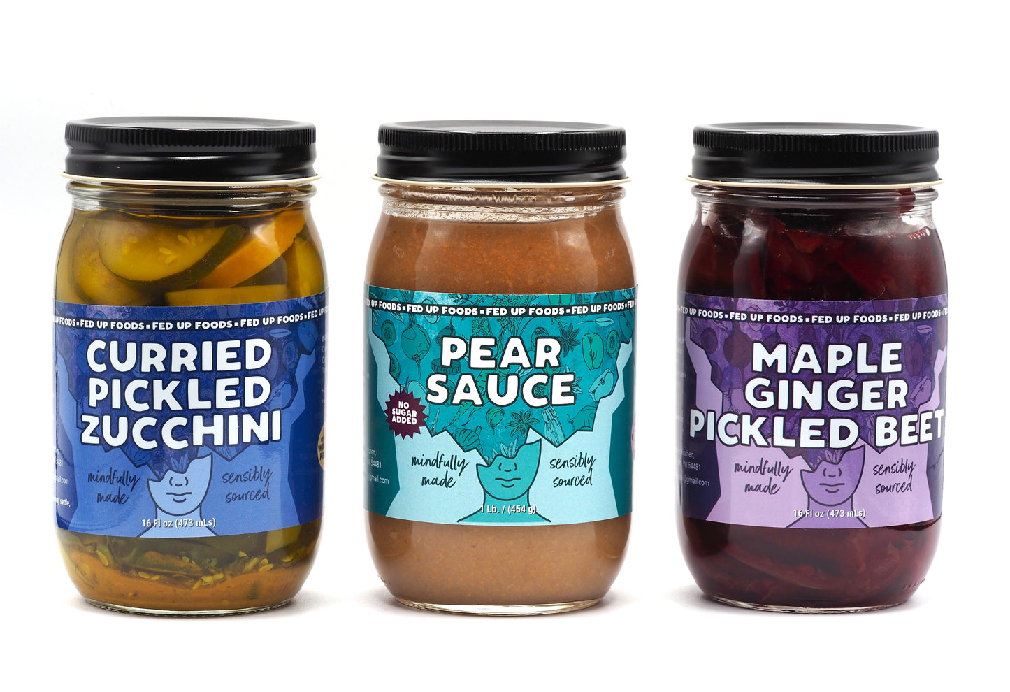Fed Up Foods curried pickled zucchini, pear sauce and maple ginger pickled beet in a 3 pack variety pack