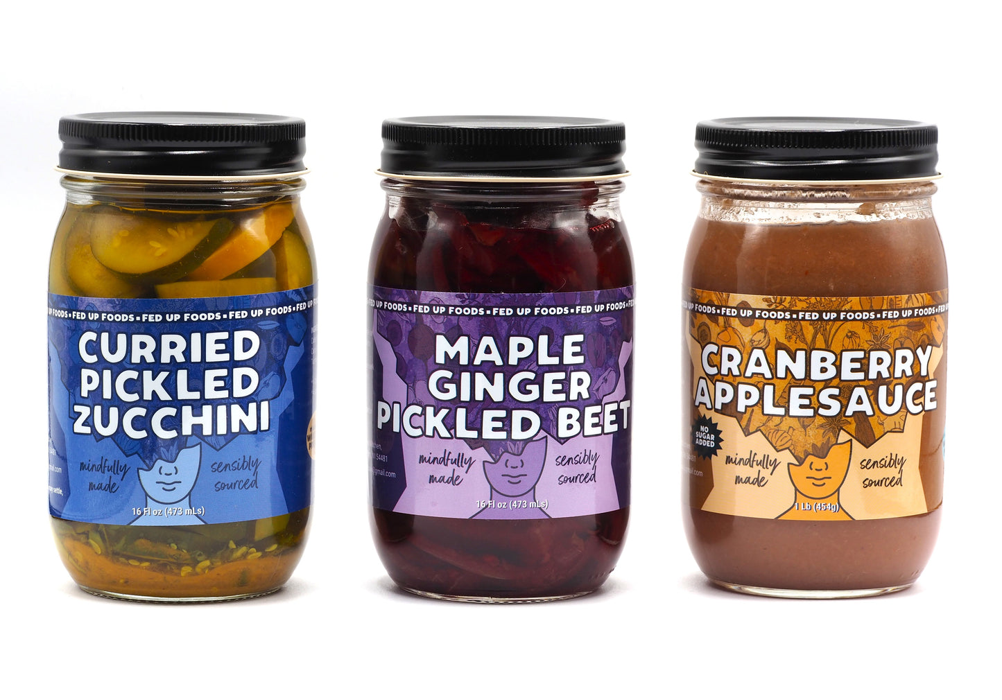 Fed Up Foods curried pickled zucchini cranberry applesauce and maple ginger pickled beet in a 3 pack variety pack