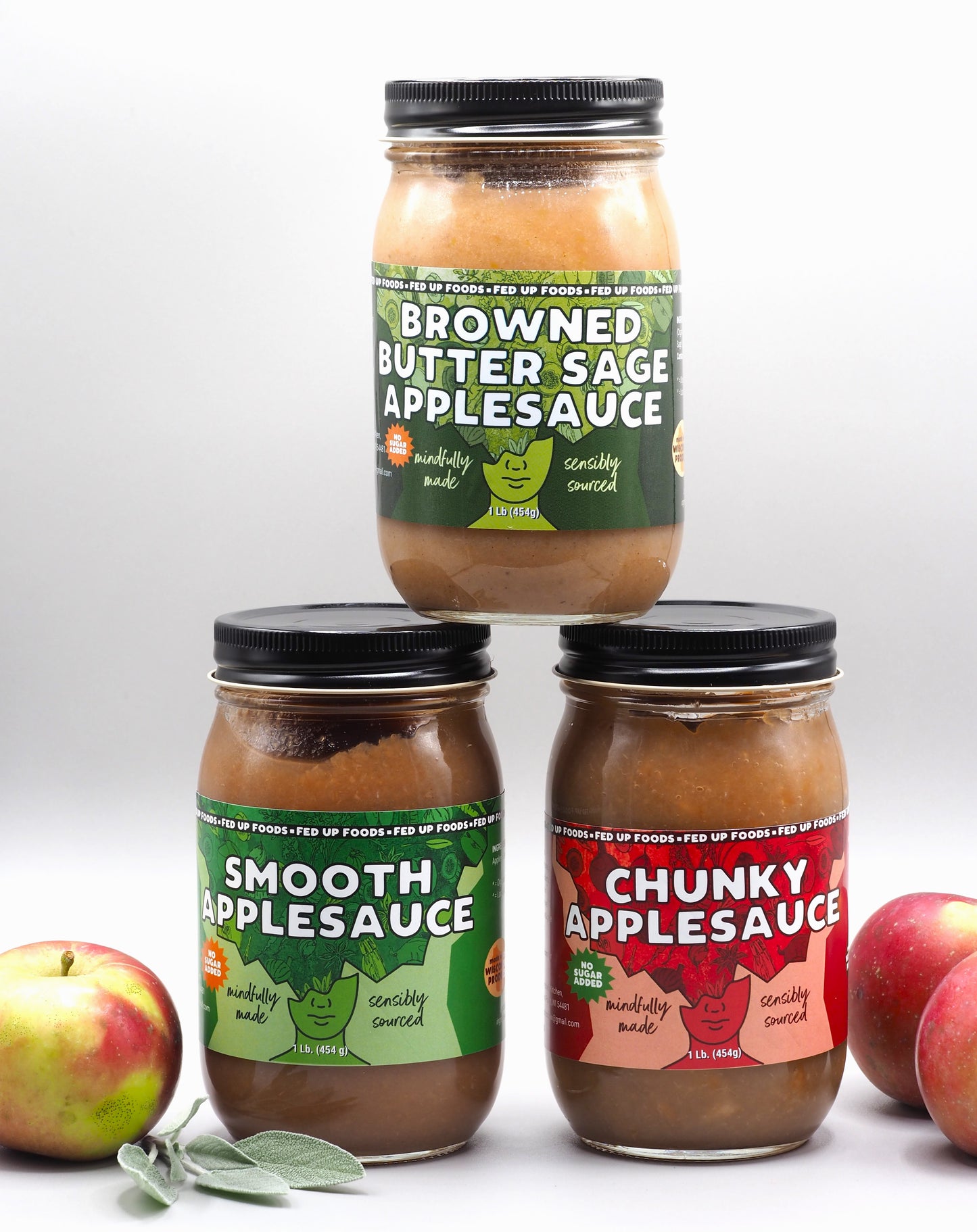 Fed Up Foods Browned Butter Sage applesauce chunky applesauce and smooth applesauce in a 3 pack variety pack