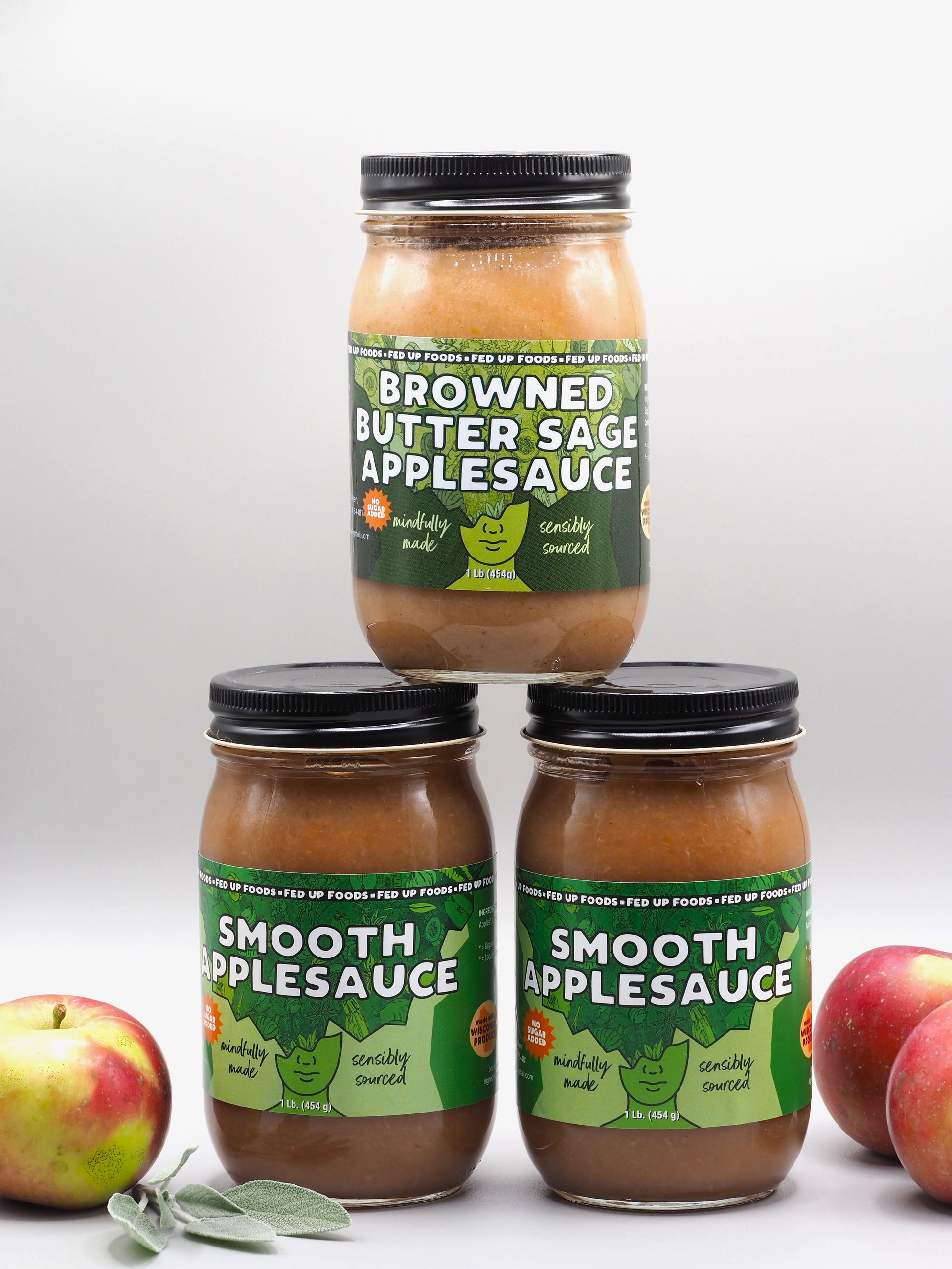 Fed Up Foods Browned Butter Sage applesauce and 2 smooth applesauces in a 3 pack variety pack