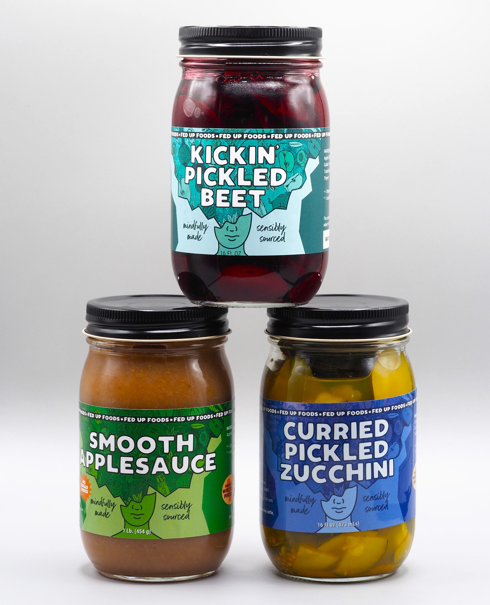 Fed Up Foods Kickin Pickled Beet, Curried Pickled Zucchini and smooth applesauce in a 3 pack variety pack