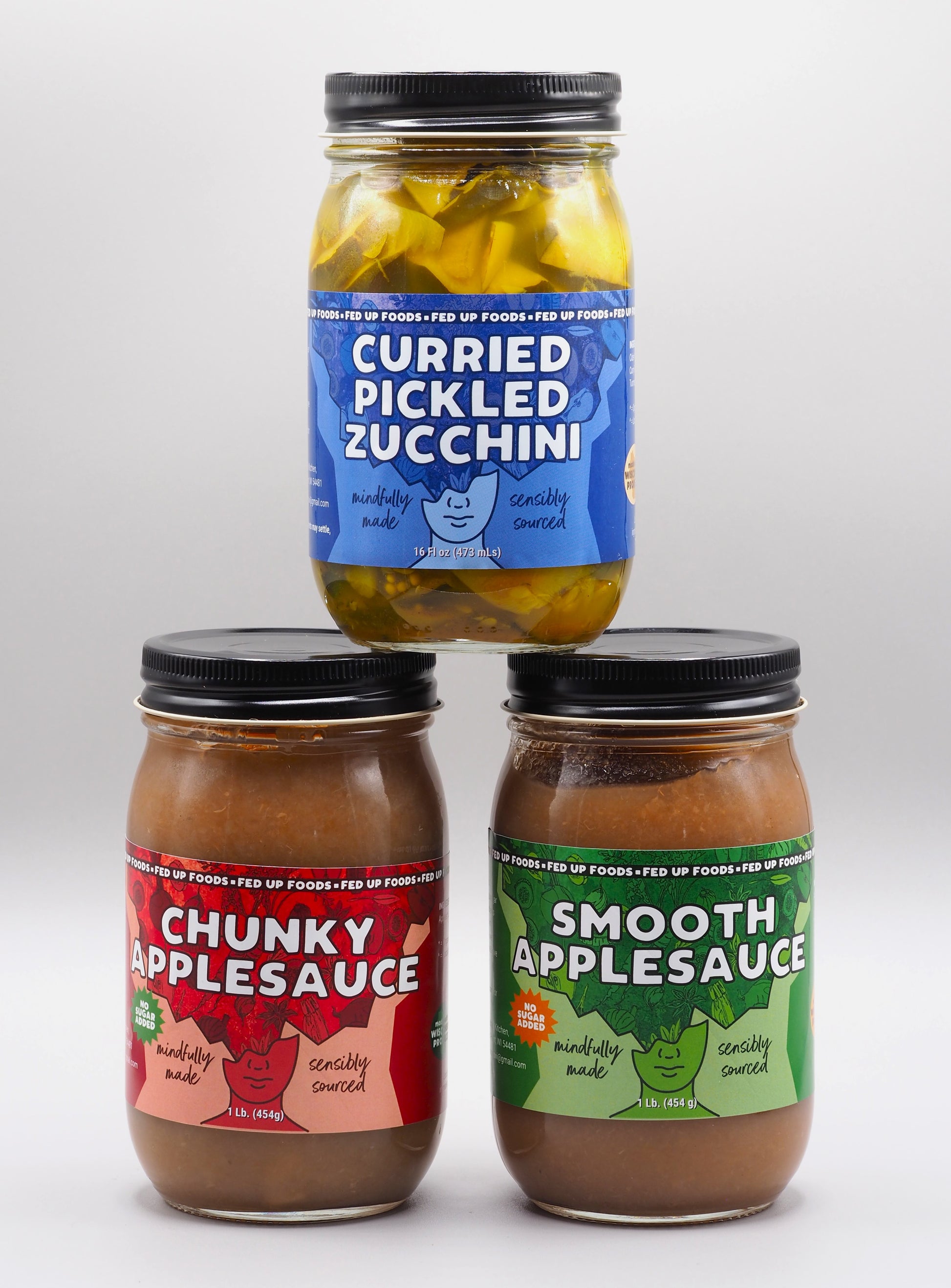 Fed Up Foods Curried Pickled Zucchini chunky and smooth applesauces in a 3 pack variety pack