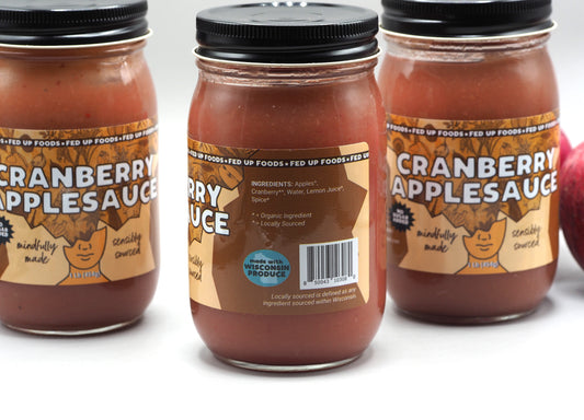 Fed Up Foods Cranberry Applesauce showing ingredients Apples, cranberry, water, lemon juice and spice.  wiconsin produce Fed Up Foods